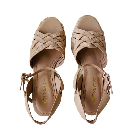 COACH Beige Dottie Open Toe Ankle Strap Wedge Espadrille Sandals Size 6 - Picture 3 of 16